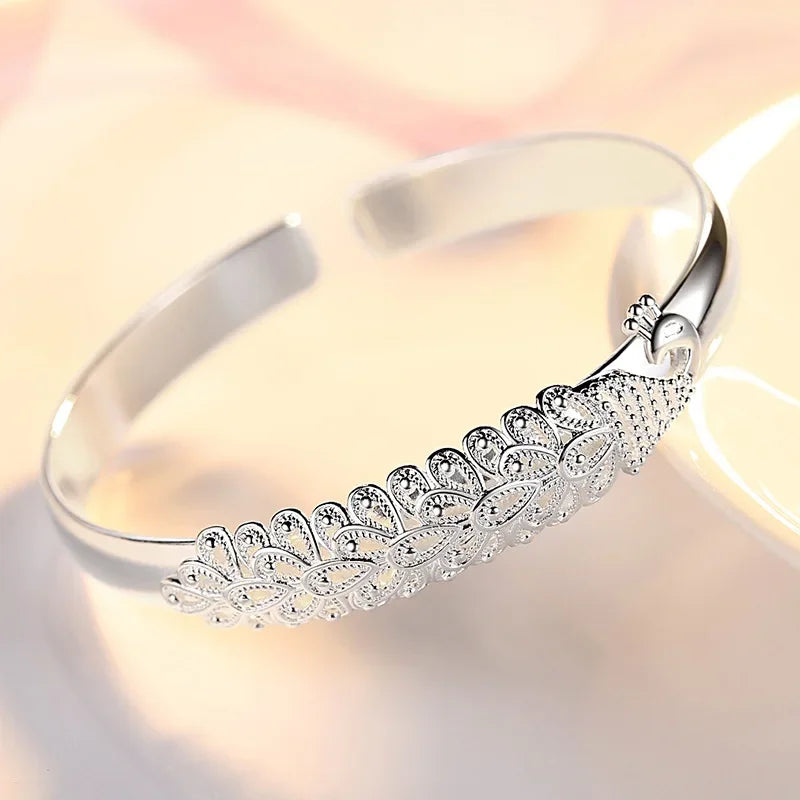 925 Sterling Silver Peacock Open Bracelet – Artistic Sophistication with a Refined Open Design