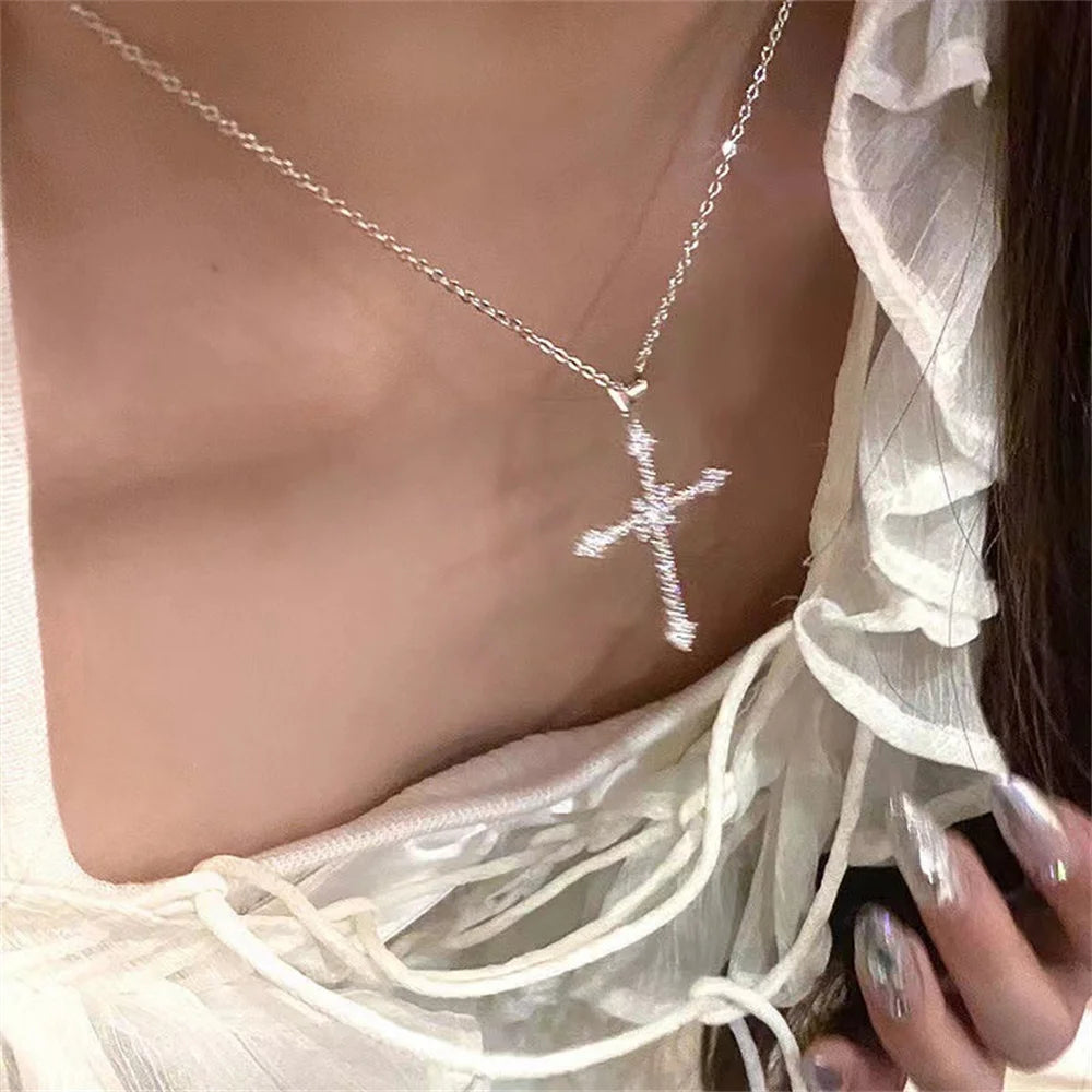 Silver Crystal Cross Necklace – Delicate Elegance for Special Occasions