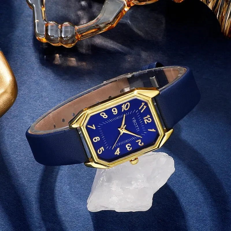 Essence Blue – Classic Women’s Square Watch with Leather Strap