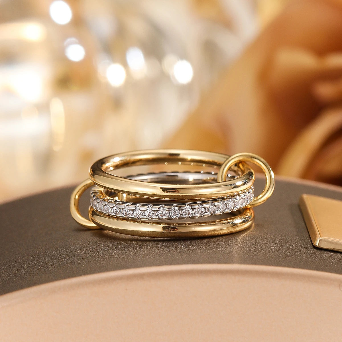 Premium Two-Tone Women’s Ring – Contemporary Four-Band Design in INS Style
