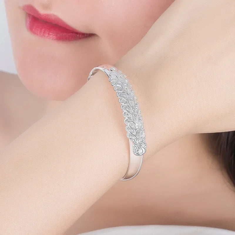925 Sterling Silver Peacock Open Bracelet – Artistic Sophistication with a Refined Open Design