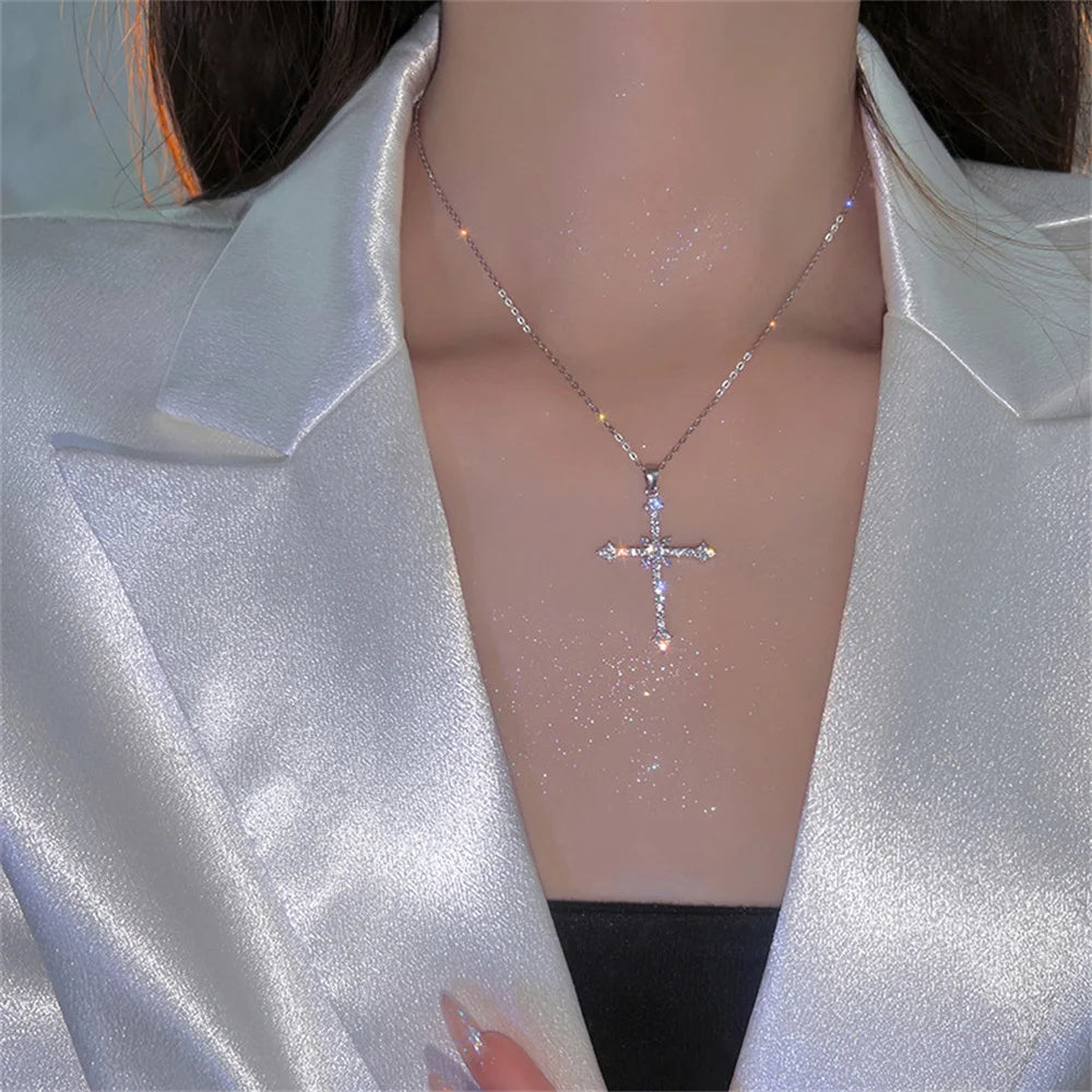 Silver Crystal Cross Necklace – Delicate Elegance for Special Occasions