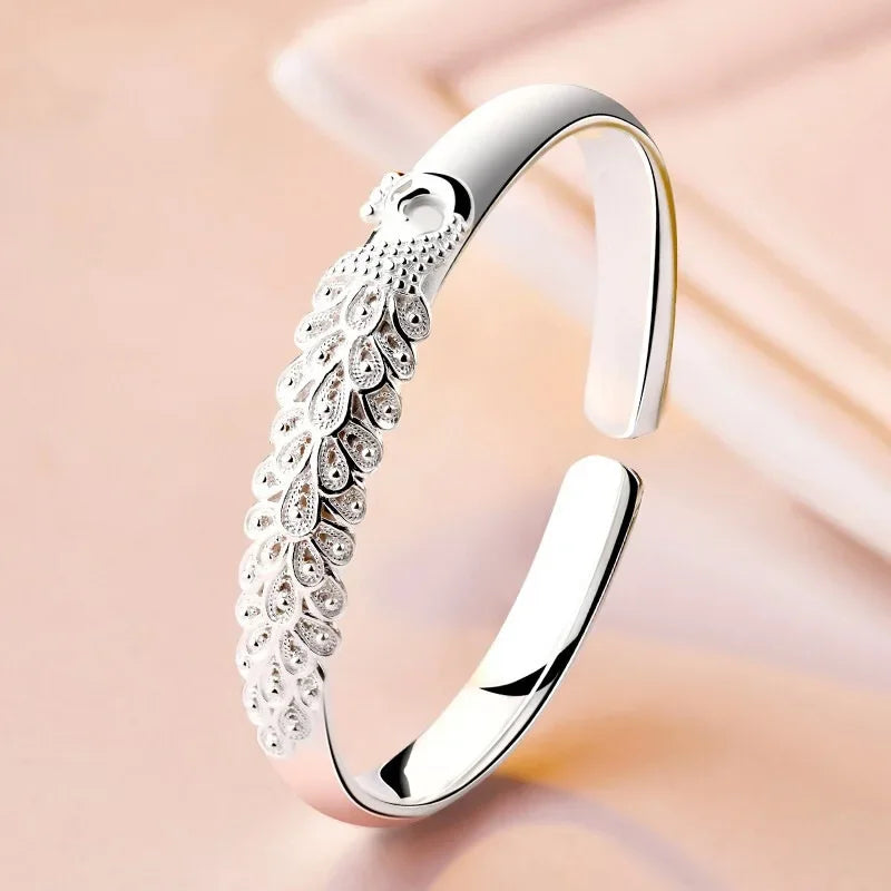 925 Sterling Silver Peacock Open Bracelet – Artistic Sophistication with a Refined Open Design