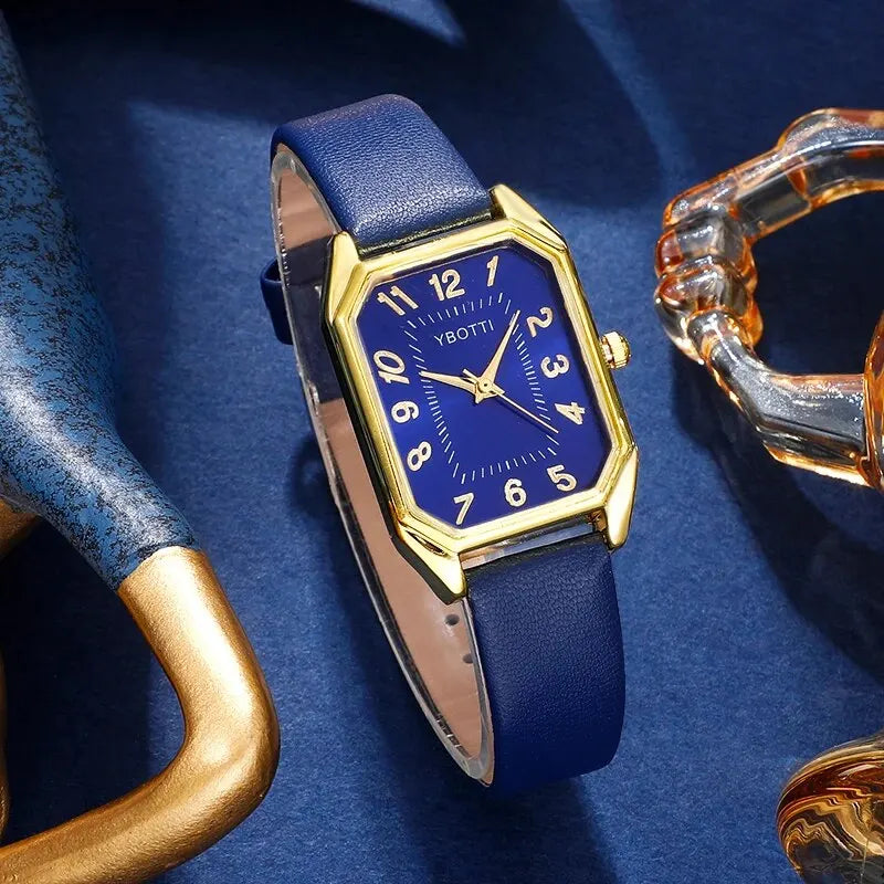 Essence Blue – Classic Women’s Square Watch with Leather Strap