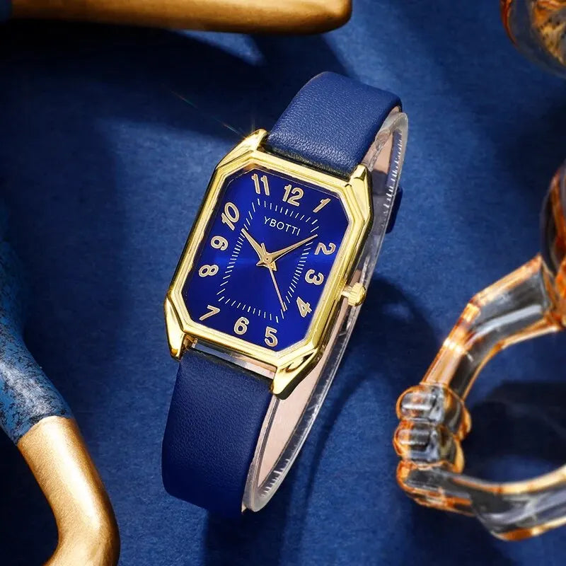 Essence Blue – Classic Women’s Square Watch with Leather Strap