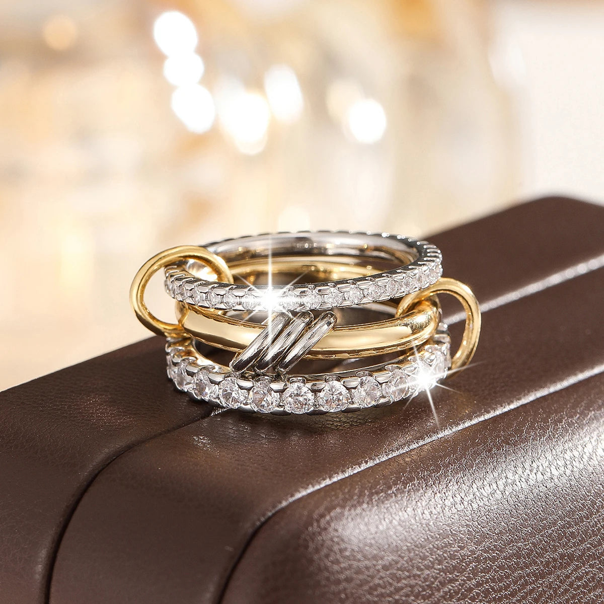 Premium Two-Tone Women’s Ring – Contemporary Four-Band Design in INS Style