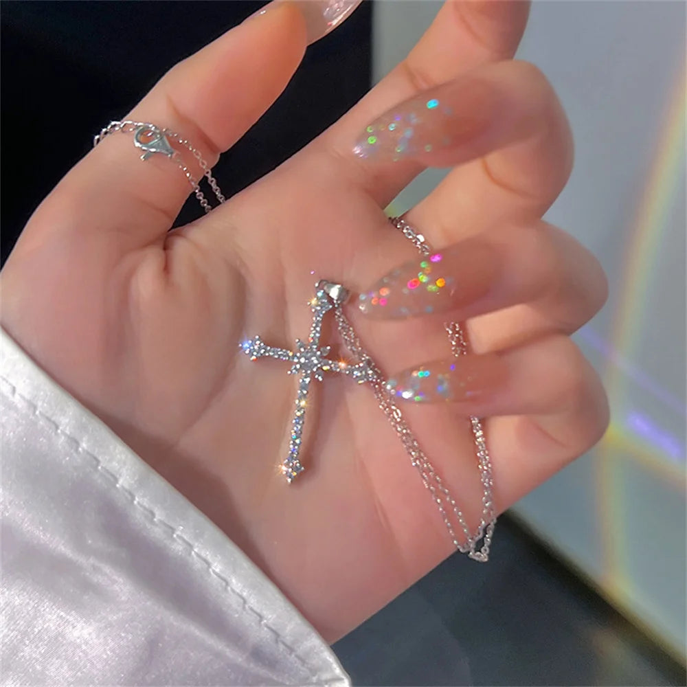 Silver Crystal Cross Necklace – Delicate Elegance for Special Occasions