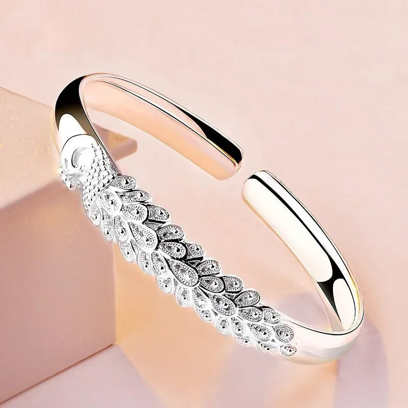 925 Sterling Silver Peacock Open Bracelet – Artistic Sophistication with a Refined Open Design