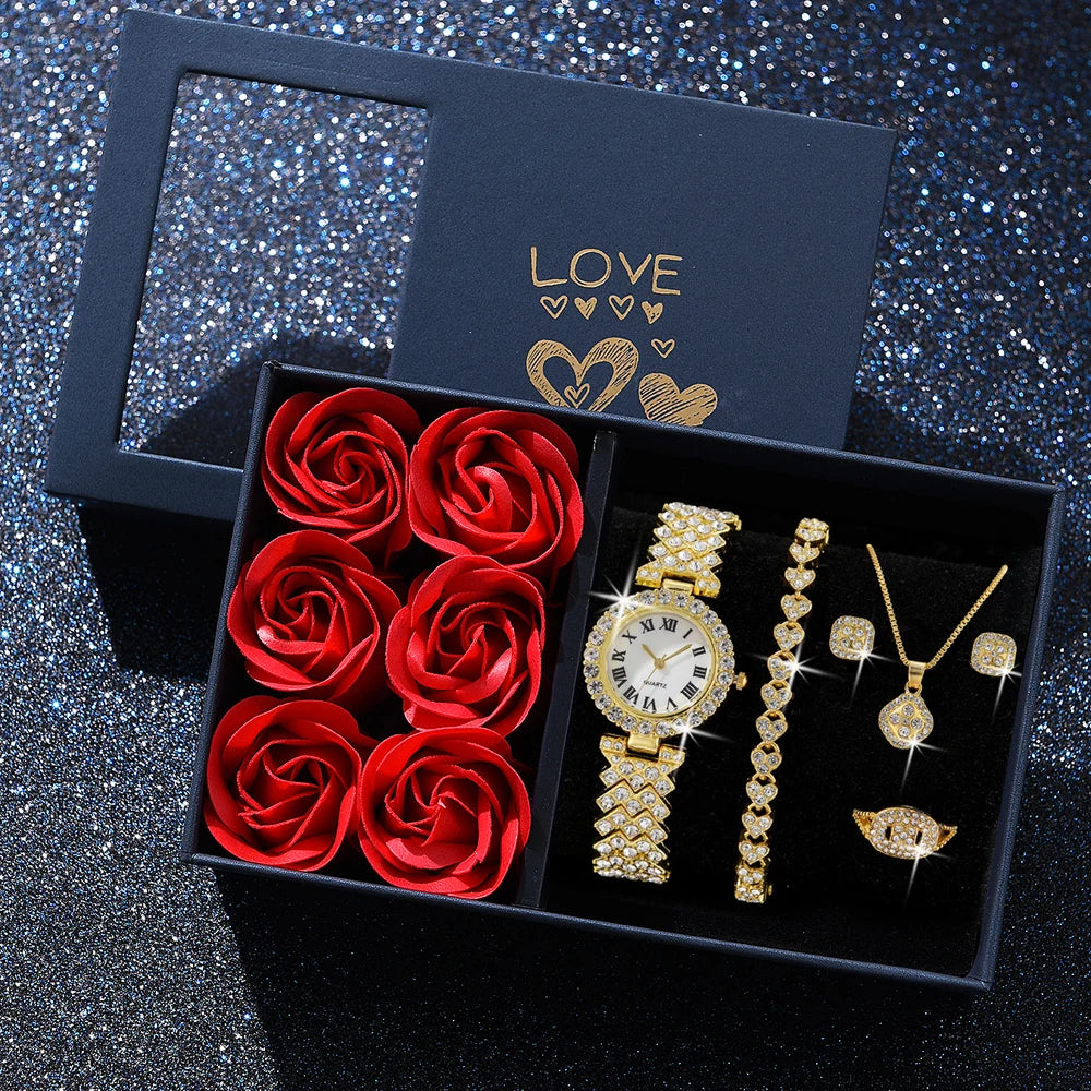 Golden Love – Conjunto Luxo Feminino com Relógio e Joias (6 Peças)