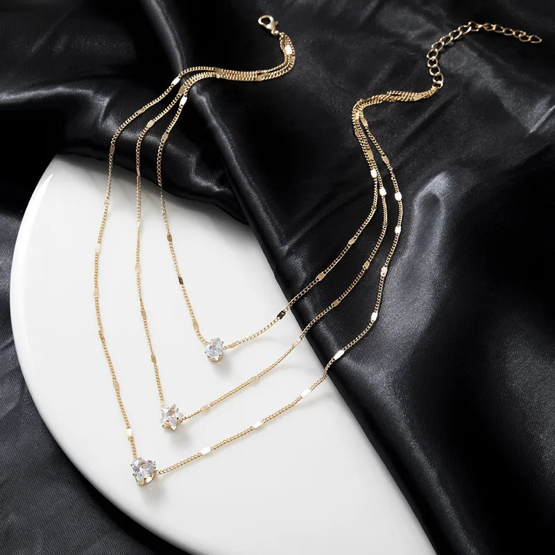 Premium Layered Chain Necklace – Brilliant Zircon Highlight for Events and Parties