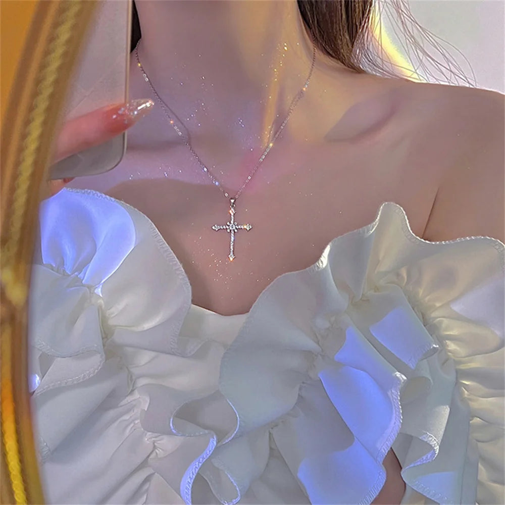 Silver Crystal Cross Necklace – Delicate Elegance for Special Occasions