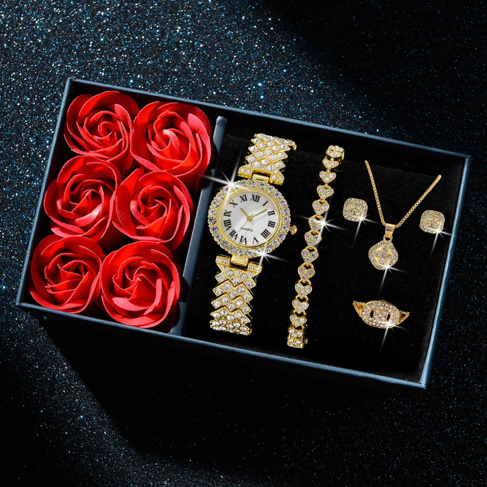 Golden Love – Conjunto Luxo Feminino com Relógio e Joias (6 Peças)