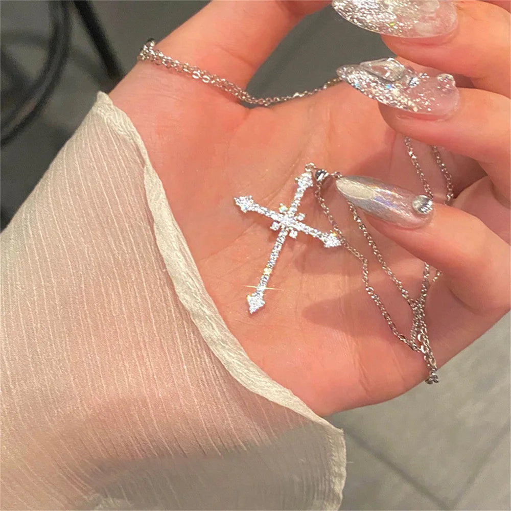 Silver Crystal Cross Necklace – Delicate Elegance for Special Occasions