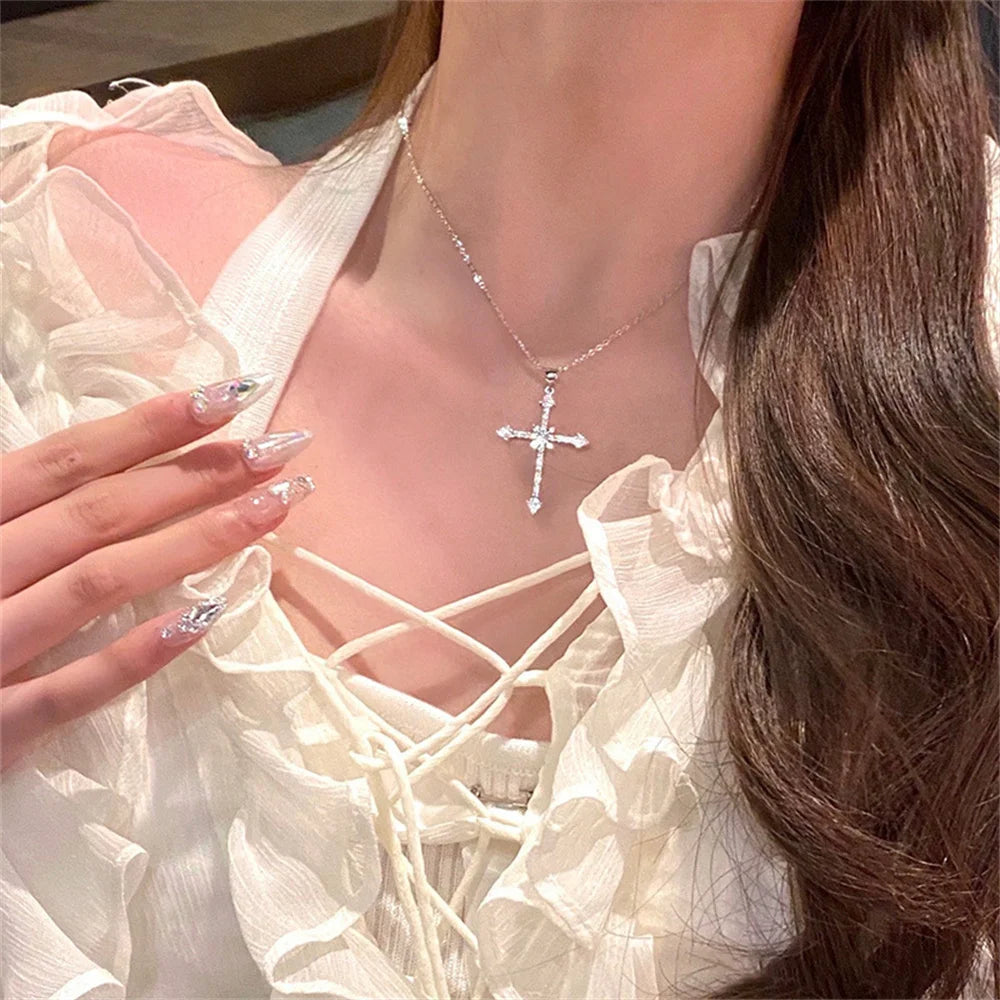 Silver Crystal Cross Necklace – Delicate Elegance for Special Occasions